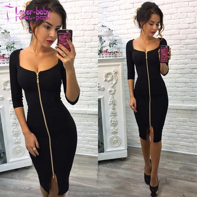 Solid Color Zipper Half Sleeve Knee-Length Bodycon Dress