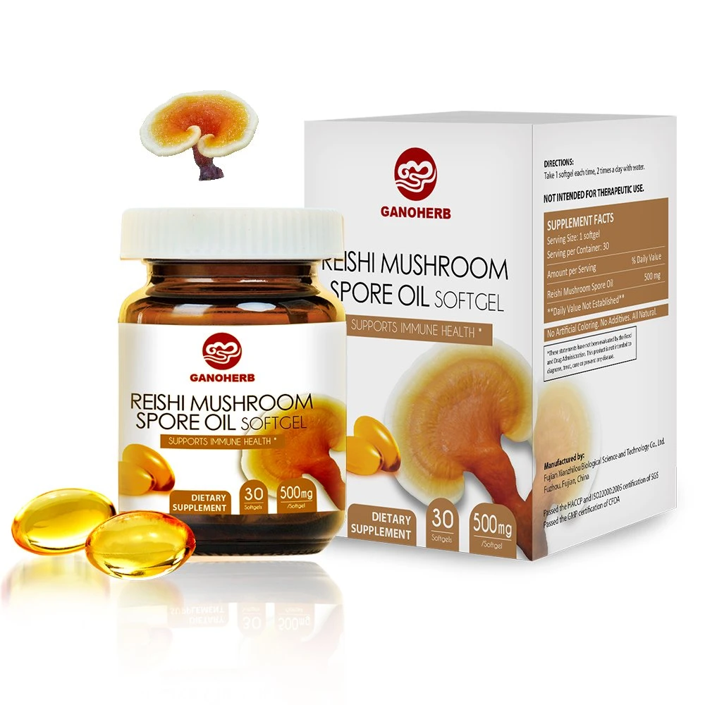 Organic Ganoderma lucidum Reishi Spore Huile Softgel Huile 500mg 30softgels/boîte