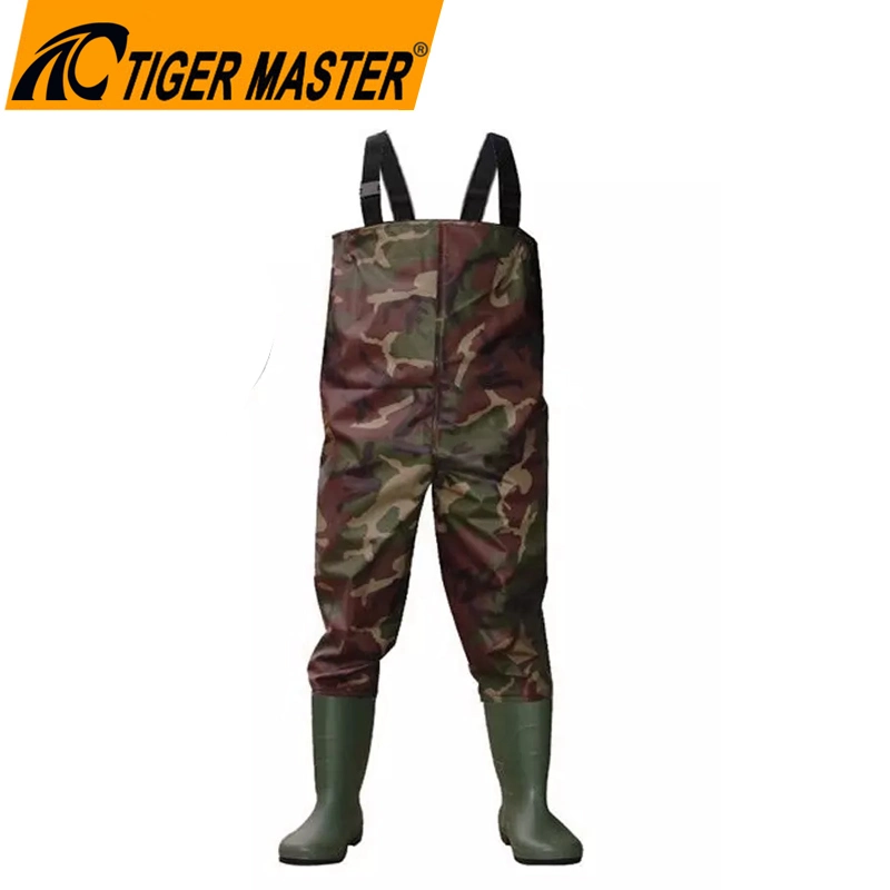 Camouflage Nylon PVC Men Fishing Wader Water Proof Oil Acid Resistant PVC Rain Boots Chest Wader