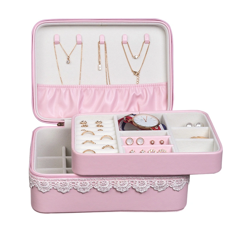 Fashion Elegant Rectangular Ladies Jewellery Zip Boxes Packaging Box with Lace Decoration