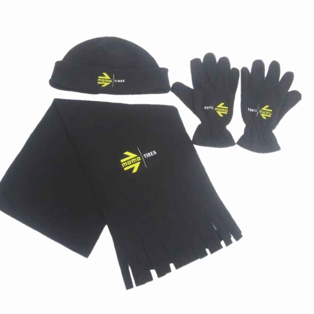 China Factory OEM Custom Logo gedruckt Schwarz Polar Fleece Winter Set Aus Mütze-Schal-Handschuhen