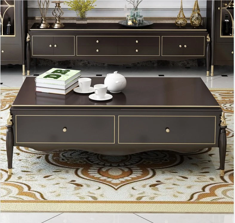 High-End American Light Luxury Living Room Furniture Complete Carved Solid Wood Golden Painted Black Coffee Table