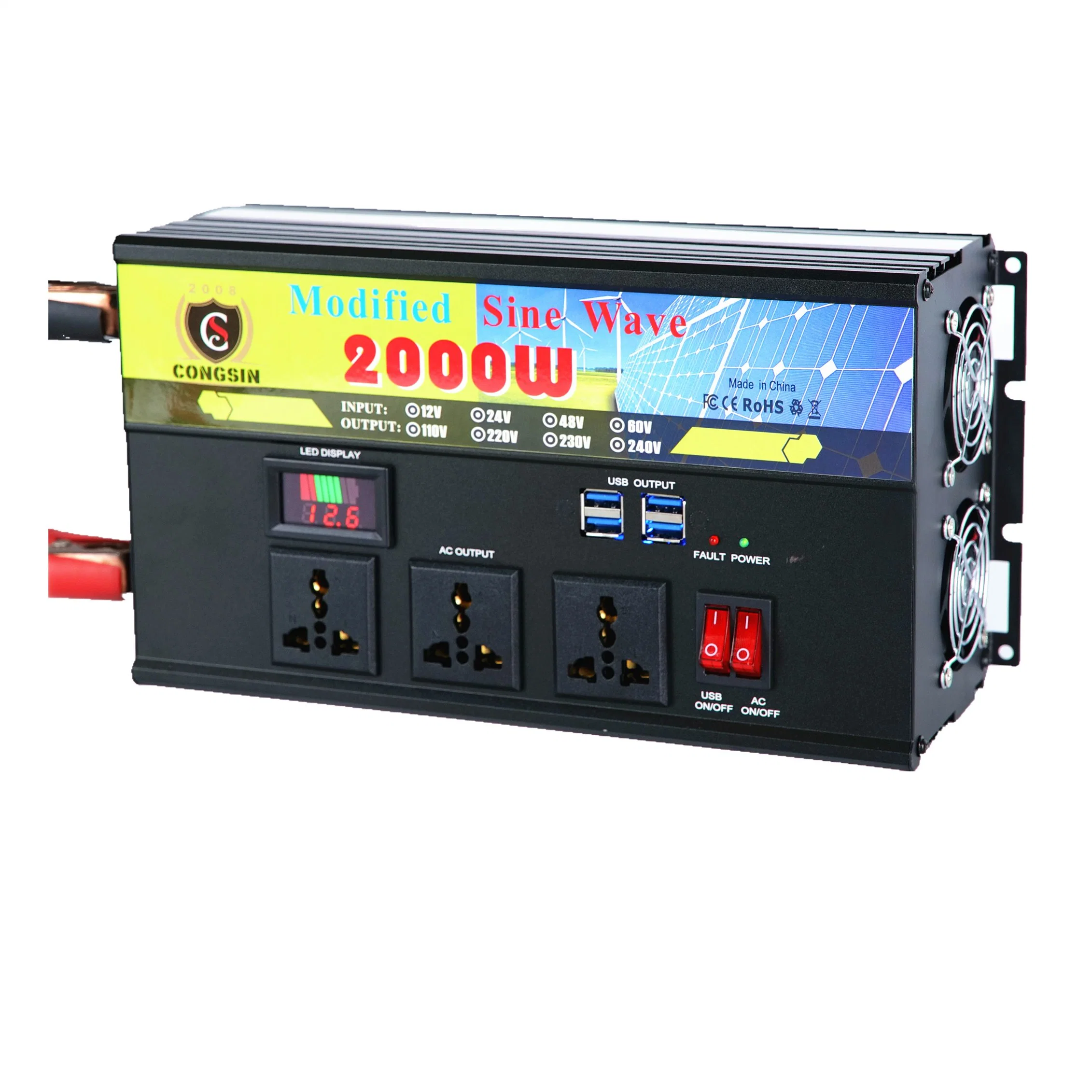 New Arrival 2000W power inverter dc 12v to ac 220v big capability modified sine wave inverter with three AC output sockets