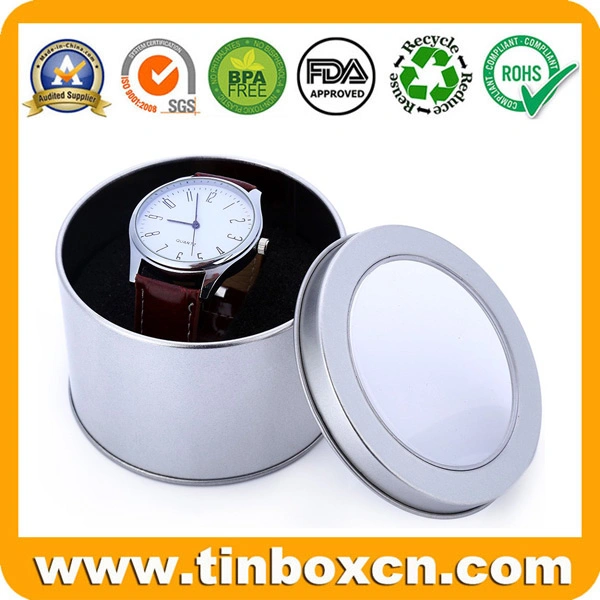 Empty Kids Gift Packaging Metal Watch Tin Case with Transparent Window