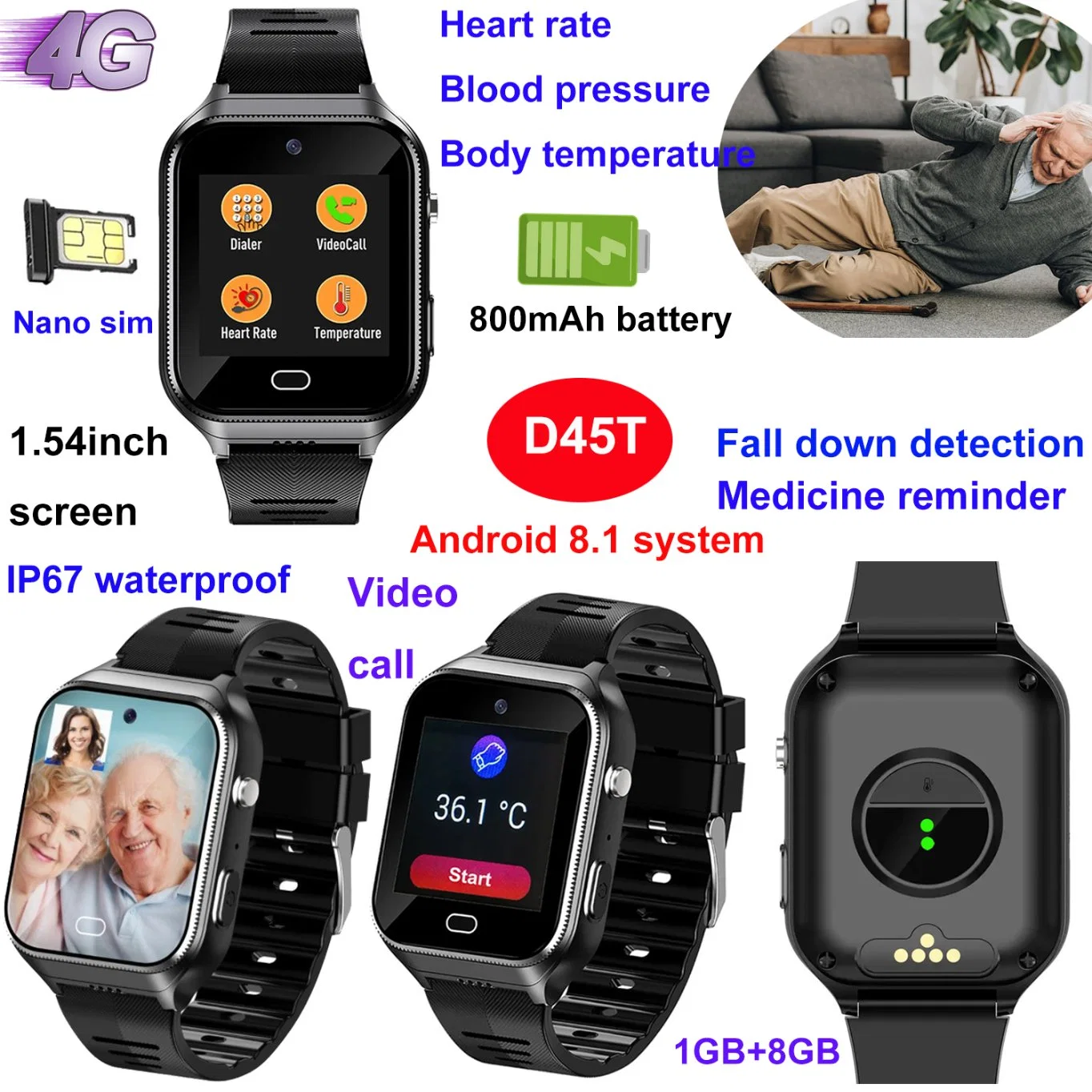 High quality Android 8.1 4G waterproof IP67 senior healthcare GPS Watch tracker phone with video call fall down alert D45T