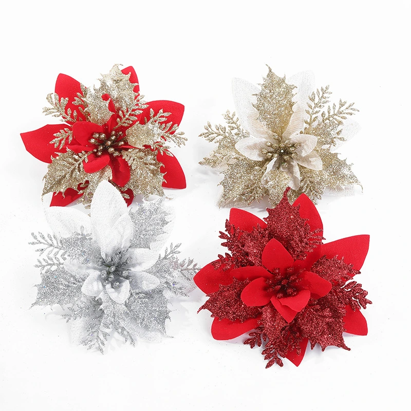 OEM/ODM Arrangement Christmas Tree Decorations Accessories 14cm Gold Silver Flower Head for Home Decoration