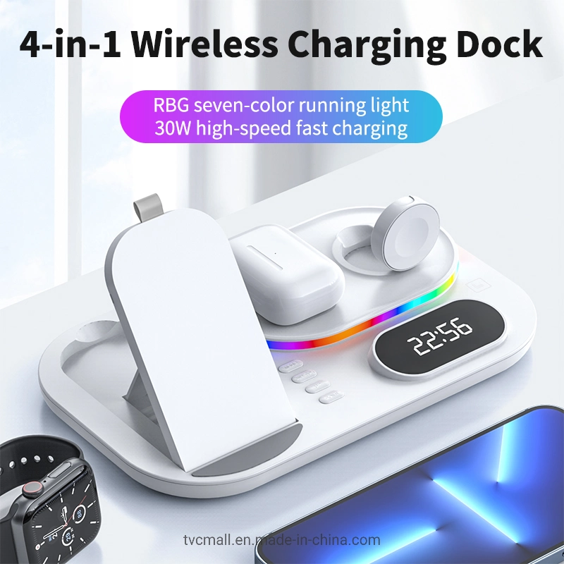 A06 4 in 1 Multi-Functional Charging Dock Mobile Phone Fast Wireless Charger with Clock Display/RGB Light - White