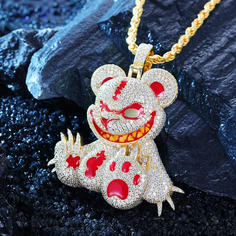 Trendy Hiphop Rapper Jewelry Cartoon Necklace 925 Sterling Silver Vvs Moissanite Diamond Iced out Angry Bear Pendant for Men