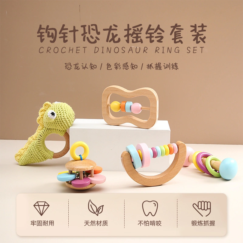 Presentes recém-nascidos do bebé Crochet Dinosaur Rattles Educational Toys CAN Conjunto de caixa de oferta de madeira para bebé Gnaw