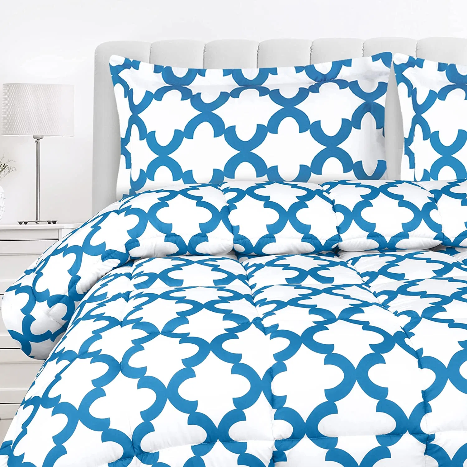 Juego de comforter de cama queen (Quatrefoil azul blanco) Con 2 Pillow Shams - ropa de cama Comforter Sets - Down Comforter alternativo - suave y cómodo