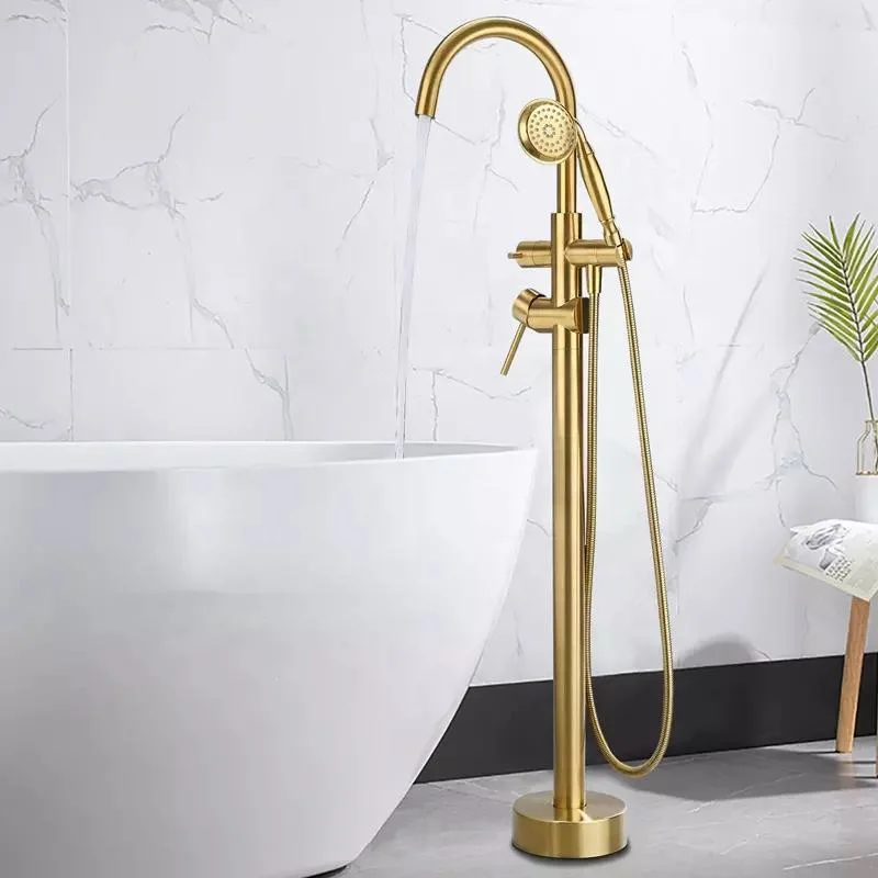 Bathroom Hand Shower Brushed Gold Brass Floor Standing Bathtub Free Stand Bathtub Faucet
