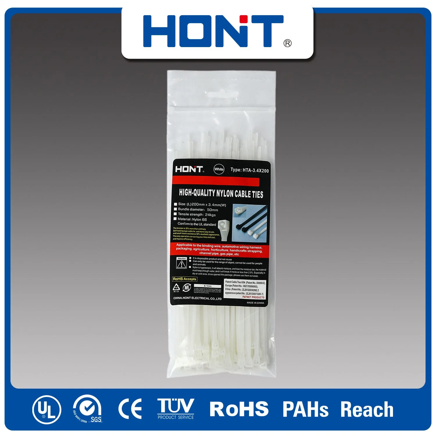 Aprobación UL Hont CCC + bolsa de plástico adhesivo exportar/bandeja de cartón accesorios para cables con bridas de nylon