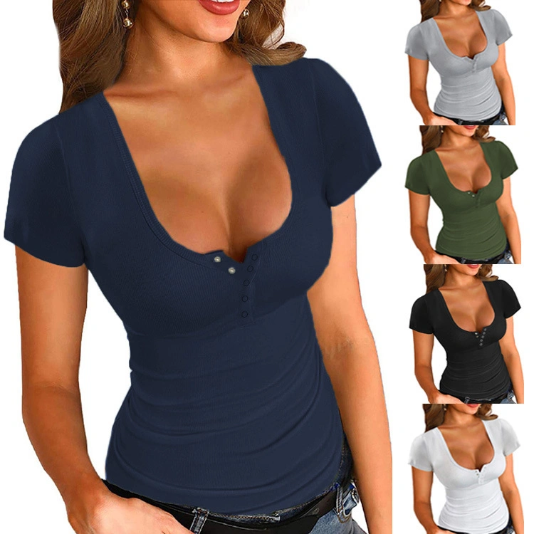 2023 Summer New Female Solid Color Casual T-Shirt U Collar Sheath Short Sleeve Top