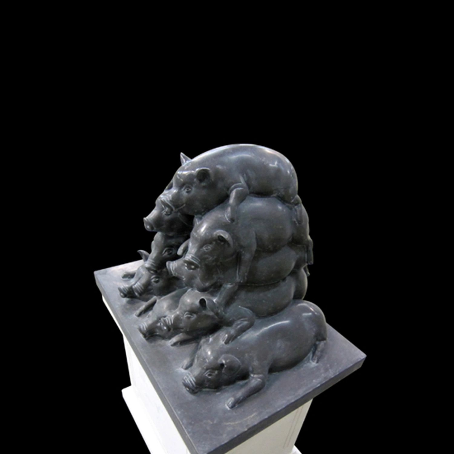 Black Marble Pig in Group Carving Sculpture