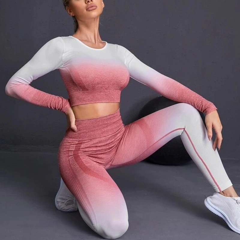 Seamless Women Sports Suit Fitness Gradient Yoga Set Push up Workout Gym Leggings Running Clothing Tracksuit Sportswear