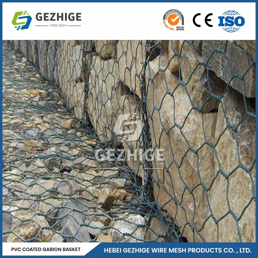 Gezhige 80X100 mm Gabion Käfig Haltewand 2,0-4,0mm Drahtstärke PVC-beschichteter Stahldraht Mesh hexagonal Gabion China 2,0 * 1,0 * 0,5 M Gabion Net Verzinkt