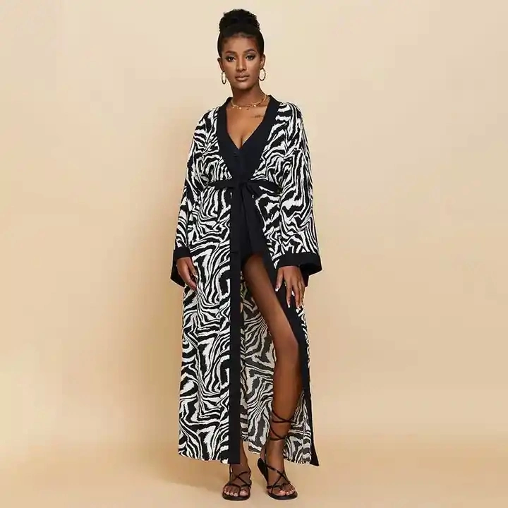 Casual personalizado às riscas Zebra Jantes Kimono longo banho encobrimento vestuário de Verão túnica mulheres desgaste de praia