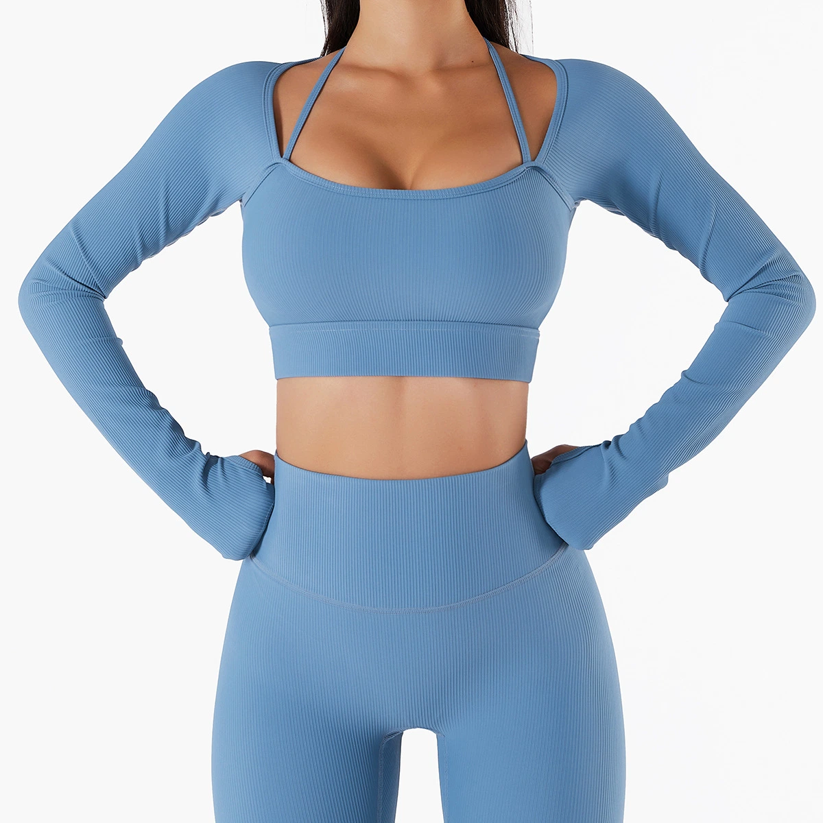 Halter Neck Shoulder Strap Thumb Cuff Design Ribbed Long Sleeves Crop Top Yoga Tracksuit