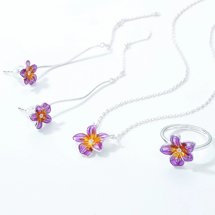 Ensemble de bijoux en argent sterling 925 à fleurs violettes artisanales émaillées