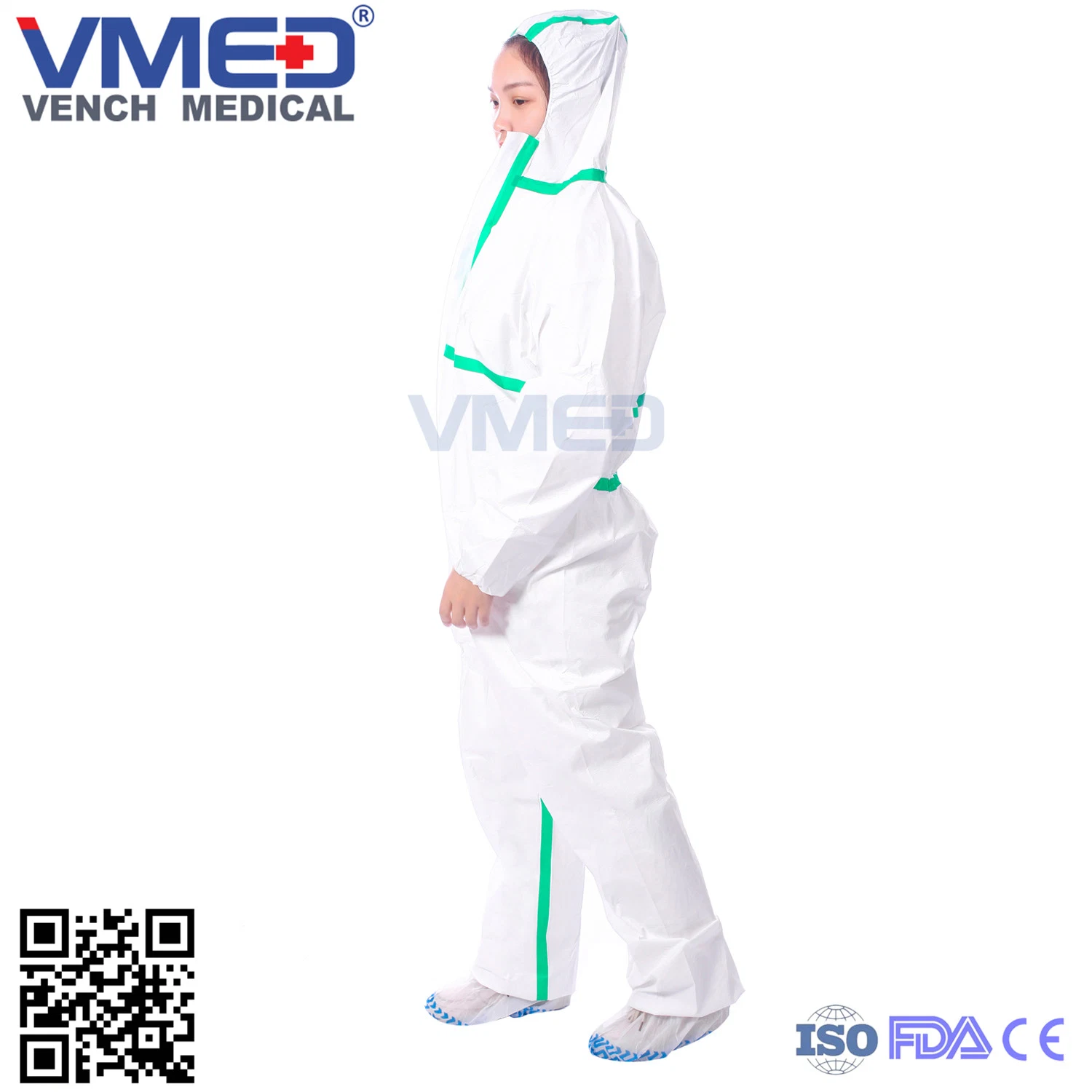 Disposable Type 4/5/6 Micro-Porous White Coverall with Green Adhesive Strip