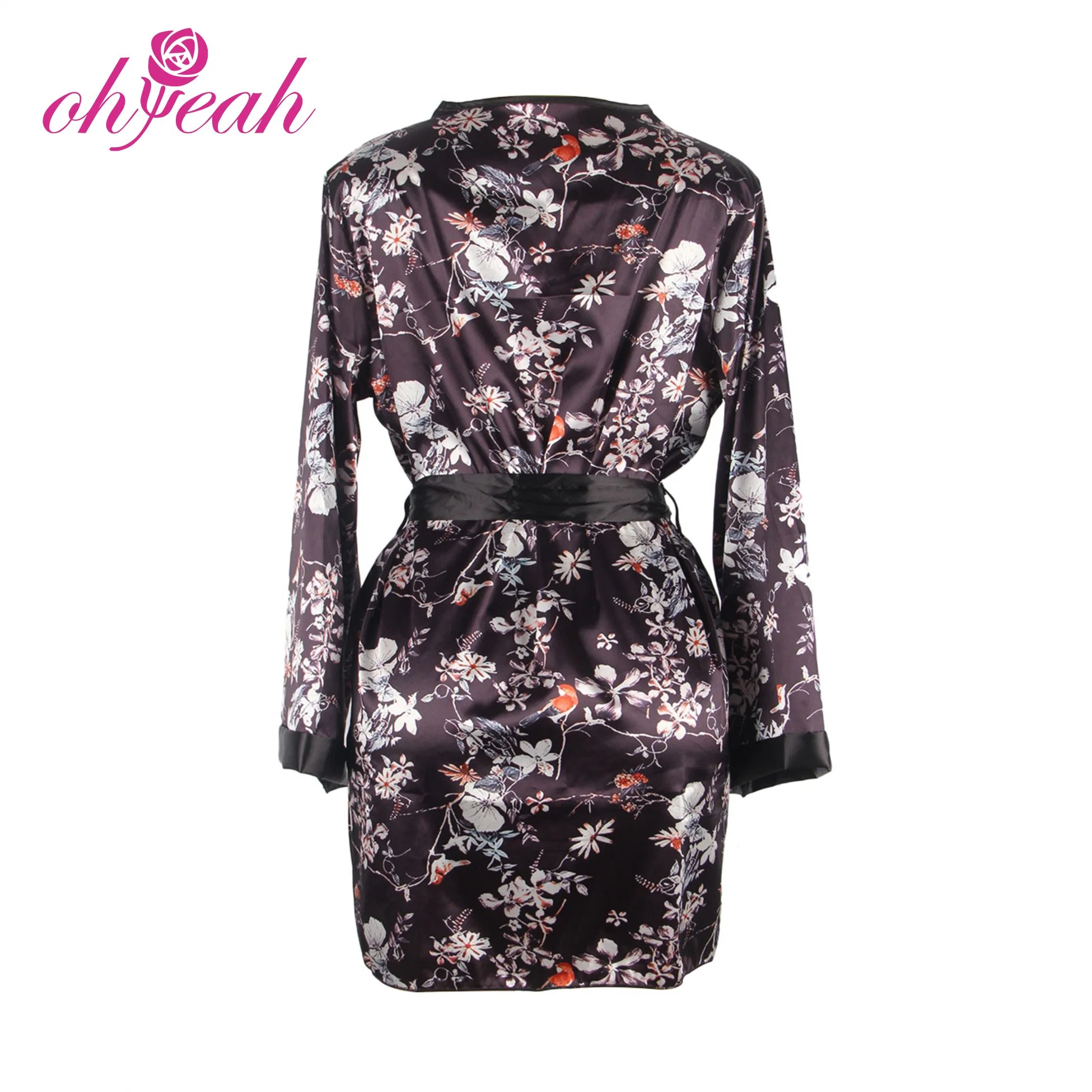 Hot Romantic Black Printing Silk Long Sleeves Luxury Sleepwear with Thong