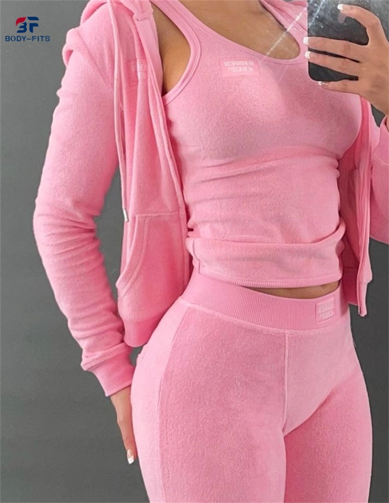 2022 Autumn Custom Logo Pink Streetwear Terry Towel Bodysuit Tracksuits Vest Short Sweatshirt Pants 2 Piece Set Women's Sets