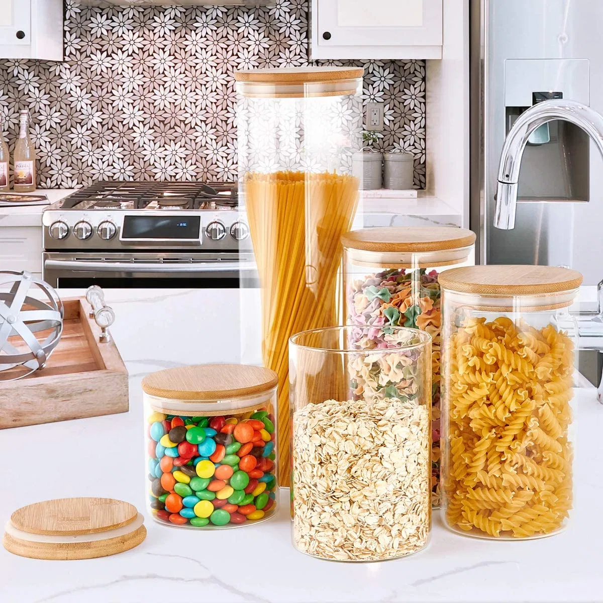 Glass Jar, Food Jar, Glass Food Storage Containers Glass Storage Jar with Airtight Bamboo Lids Kitchen Glass Canisters for Coffee, Flour, Sugar, Candy, Cookie