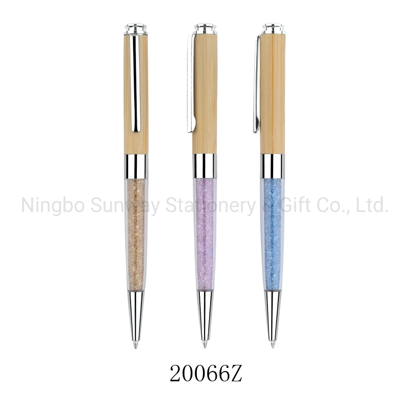 Promotion Stationery Bamboo Twist Pink Color Diamond Decoration Pen with Metal Clip