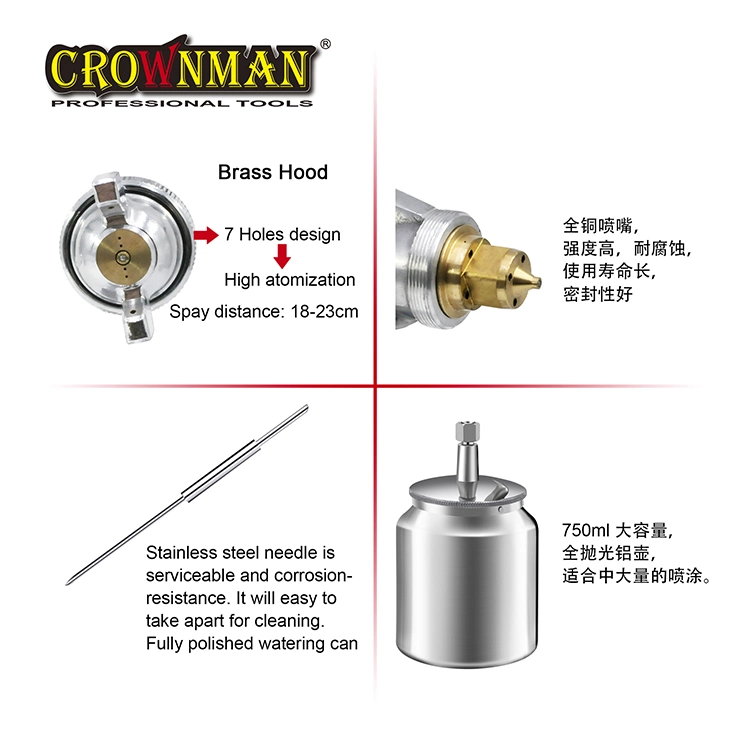 Pistola de Pulverização de alta pressão Crownman F-75s com 750ml, escova pneumática Crownman Tools