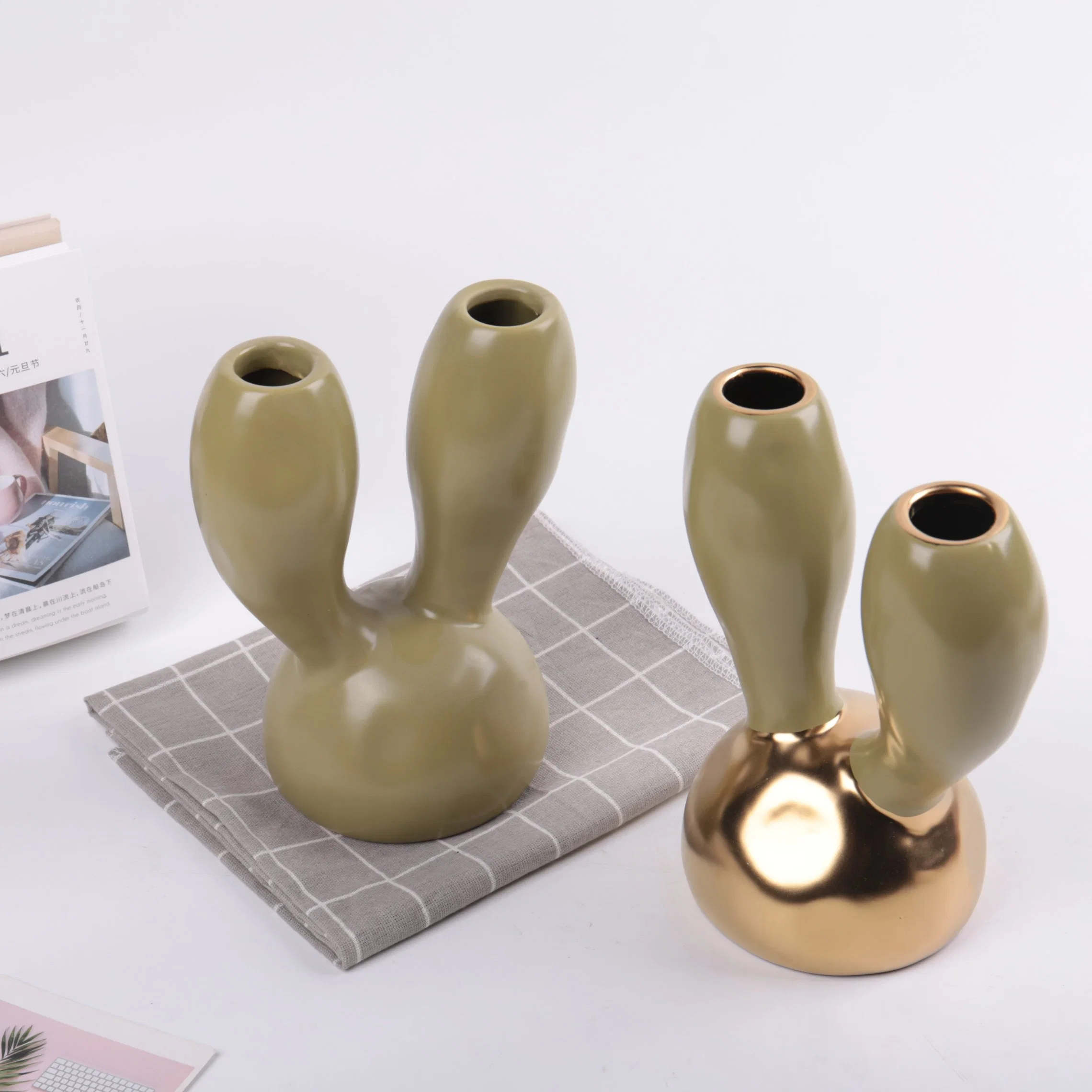 Wholesale Home Restaurant Candle Stand Ceramic Green Matte Candle Holders