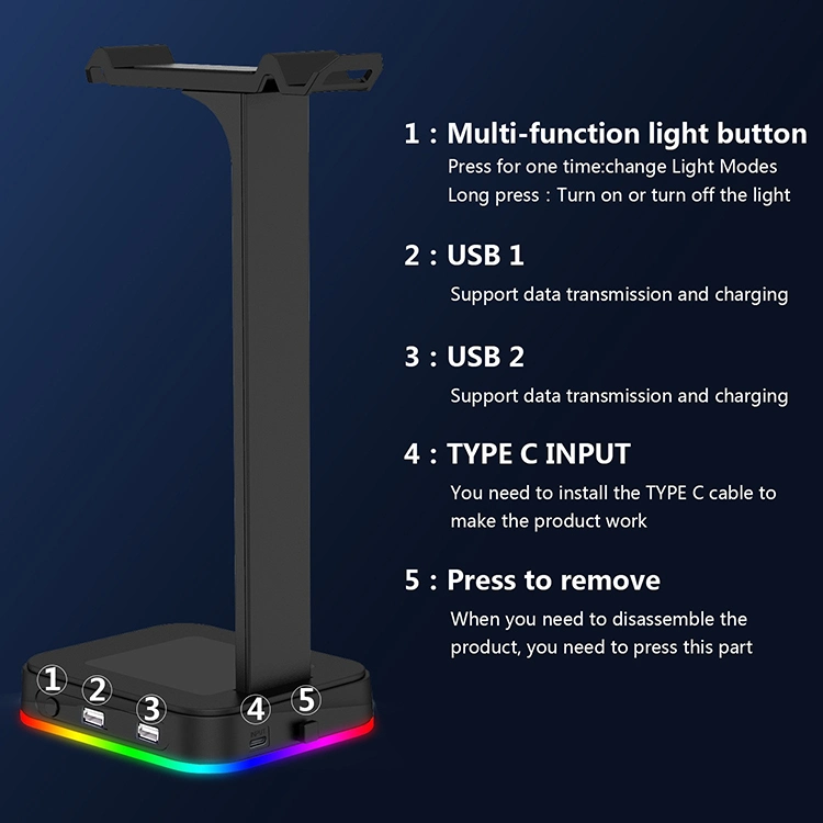 Drop Shipping in Stock Low MOQ 4 in 1 Multi-Function RGB Gaming Headset Stand with 2*2.0 USB Hub