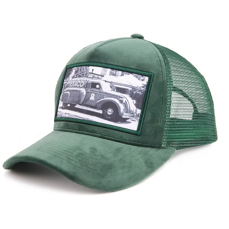 Mens Mesh 5 panneau personnalisé camionneur Patch brodé Gorras Cap Applique un camionneur de velours de chapeaux