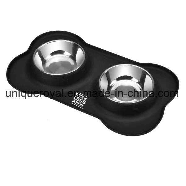 Double Pet Bowl Set in Bone Shape Antiskid Silicone Tray