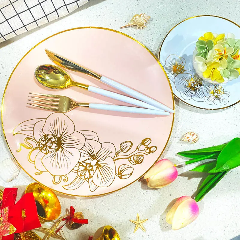 Cutlery Set Spoon and Fork for Party Pink and Gold Rim Plate Flower Dinner Set Plastic Plate Charger Custom