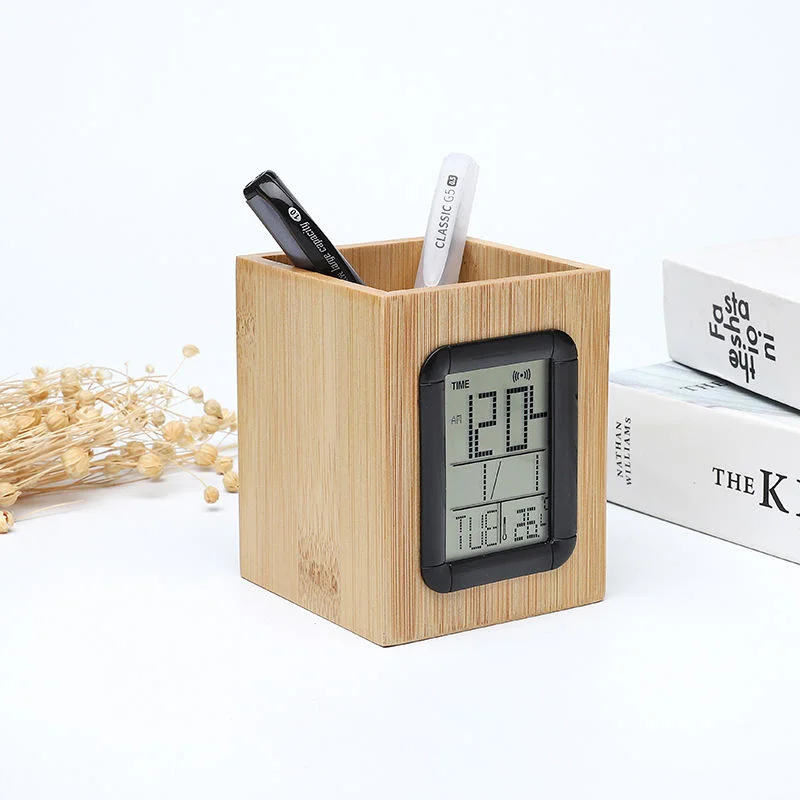 Promotional Gift Bamboo Pen Holder with LCD Digital Clock