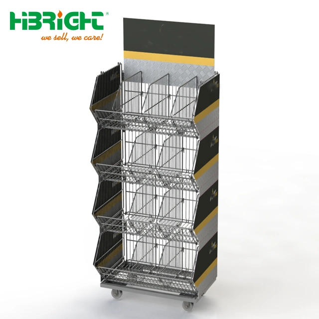 Five Tiers Customizing Wire Basket Display Stand with Wheels