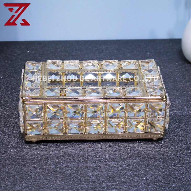European Metal Paper Box with Drill Box Luxury Hollow Crystal Glass Tissue Box for Table Decoration