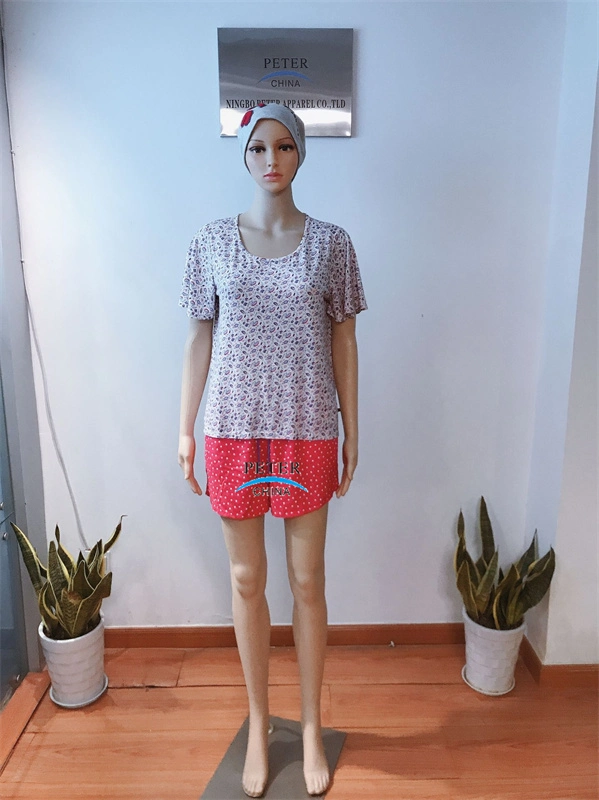 Homewear Short Sleeves Shorts Set Bamboo Sleepwear Viscose Slub Yarn Jersey Top and Textile Woven Shorts