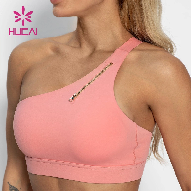 Custom Private Label High Quality One Shoulder Zip Front Design Mujer cintura ajustable banda de running sujetador deportivo deporte Desgaste