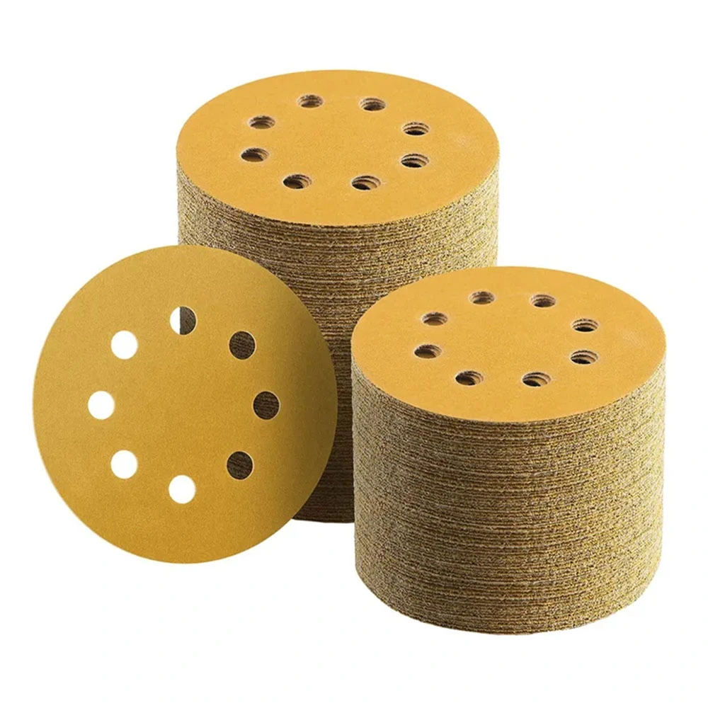 Free Sample P60-P800 Dry Schleifplatte Abrasive Sanding Paper Gold Yellow Round-Adhesive Sandpaper Discs Automotive Sand Paper