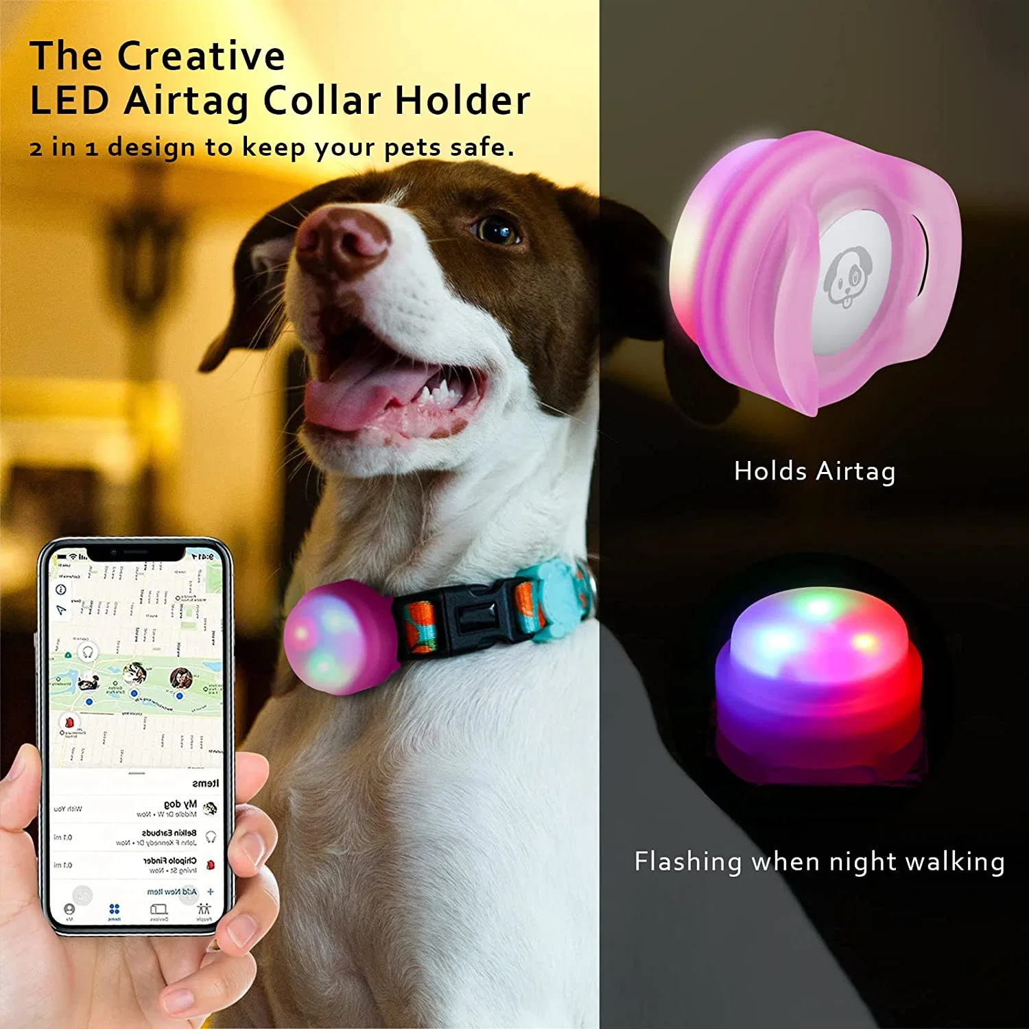 Soporte de collar de perro Airtag LED de silicona antiperdida para seguridad nocturna