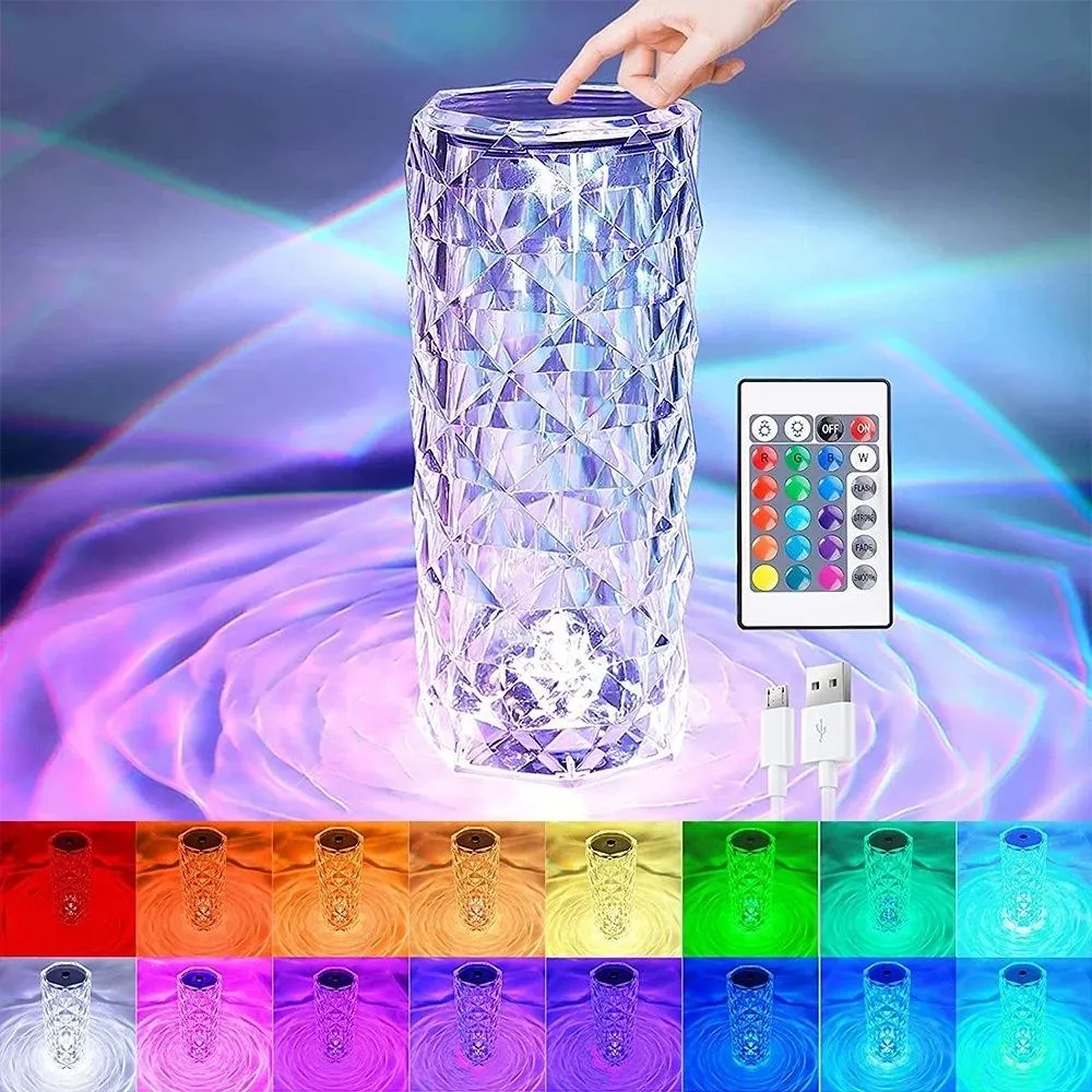 Touch Control Rose Crystal Lamp Rechargeable RGB Color Changing Crystal Table Lamp