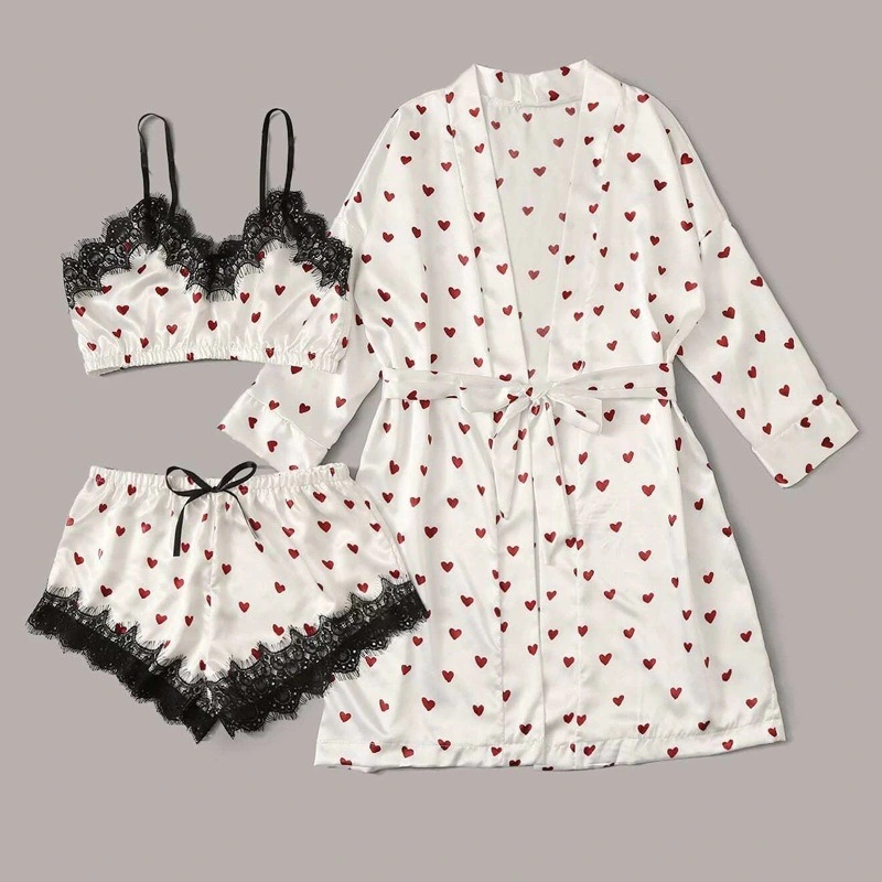 Women's Nightgown Sexy Lace Lingerie Set Lace Robes Silk Pajamas Nightwear Three Piece Satin Sleepwear Pajama Sets