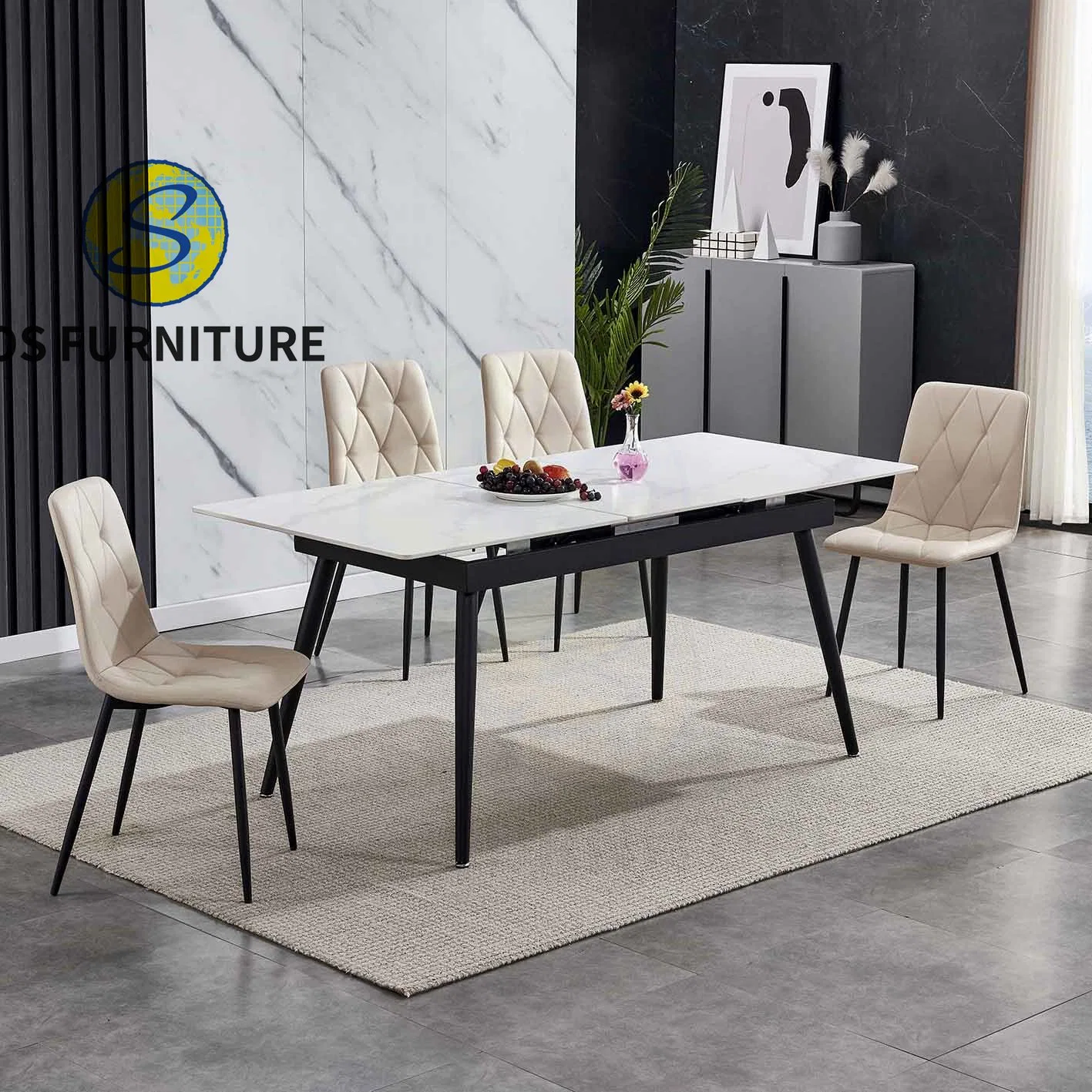 Luxury Nordic Modern Design Square Rectangle Expandable Marble Dining Table Sets 4 Seater 6 Chairs Dining Room Sets Furniture