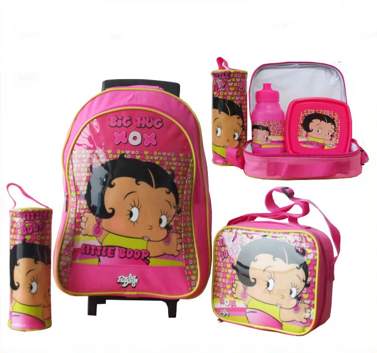 Exibição personalizada Supermercado Cartoon Ombro Funcional Papelaria Meninas Aluno Kids Carrinho com rodas de Rolagem do Resfriador da Caixa de lápis Caneta Almoço Bag Sacos de escola para trás