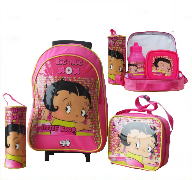 Pantalla personalizada supermercado Cartoon hombro funcional diseño de las niñas con ruedas de rodadura de niños estudiante Trolley bolígrafo lápiz caso Bolsa de almuerzo del enfriador de bolsas de la escuela Volver