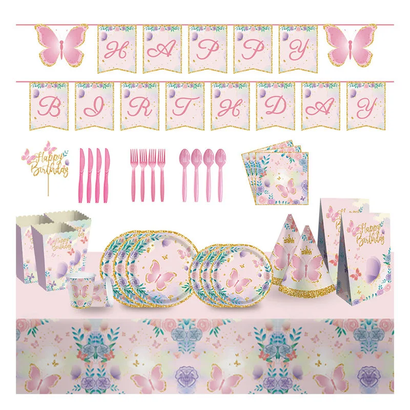Butterfly Printed Party Tableware Set Paper Cup Plate and Napkins Disposable Tableware Birthday Party Decoration