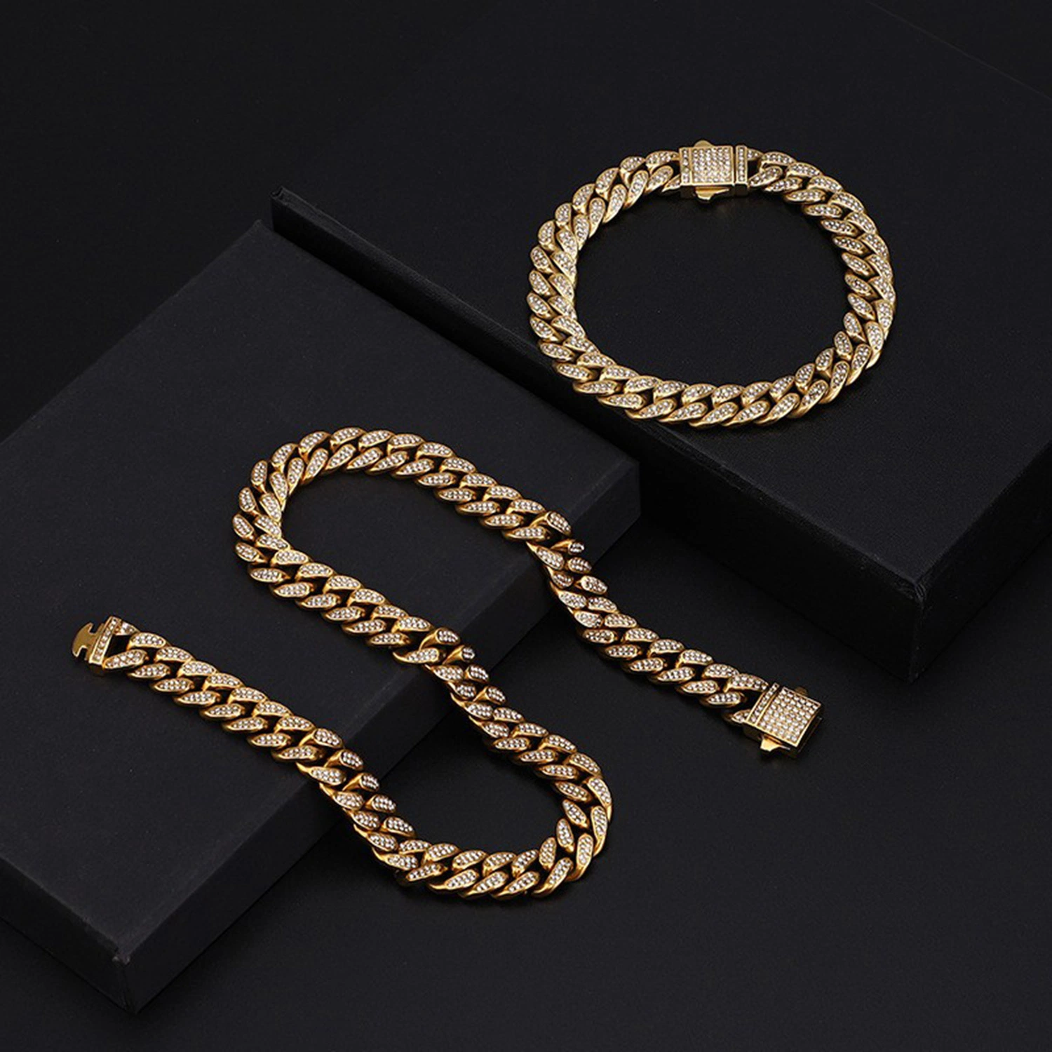 New Popular Stainless Steel Full Diamond Cuban Chain Bracelet Necklace Men's Fashion Trend Student Accessories Bl2221