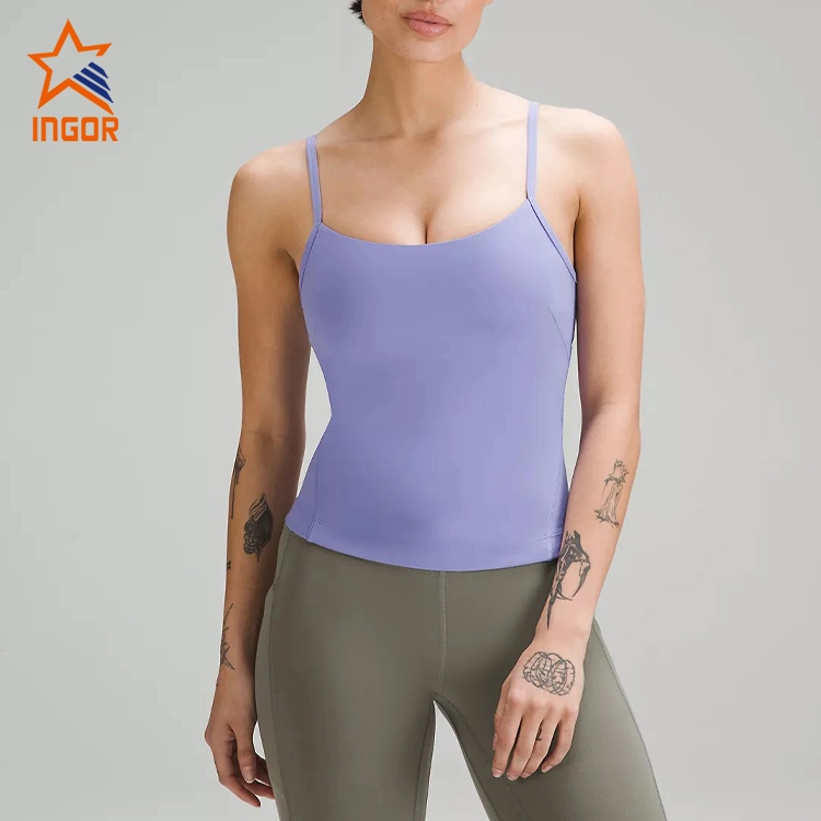 Ingor Sportswear النشاط الاخلاقي المصنعين ملابس مخصصة للنساء الصليب قميص اليوغا بدون أكمام اللياقة البدنية