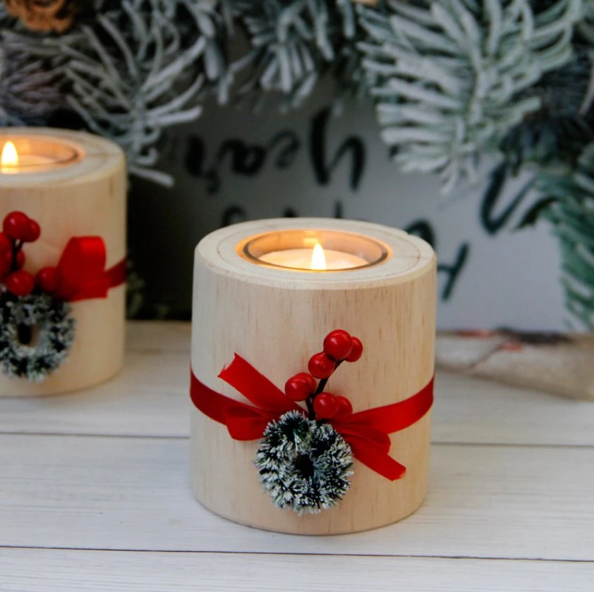 Artículos de decoración de Navidad Artesanía hecha a mano Regalo vela ligera de té de madera Soporte Portavelas de madera natural